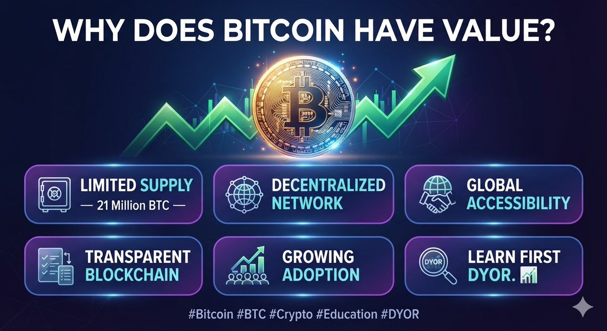 momvideo44's tweet photo. ₿ Why does Bitcoin have value?

Not because it is backed by a government.

Bitcoin gets its value from:
• Limited supply — 21 million BTC
• Decentralized network
• Global accessibility
• Transparent blockchain
• Growing adoption

The more you understand Bitcoin, the less you depend on hype.

Learn first. DYOR. 📊