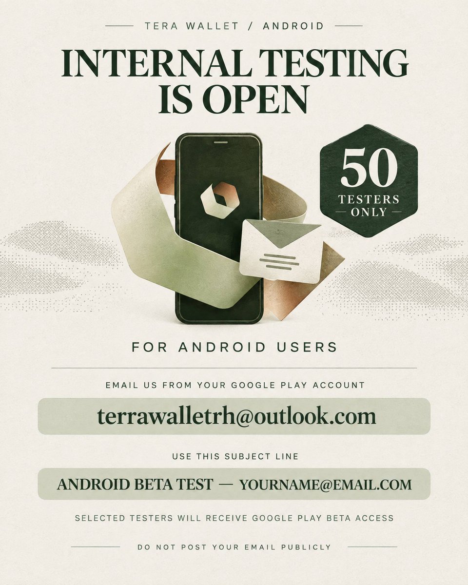 TeraWalletRH's tweet photo. Tera Wallet is now available for Internal Testing on Google Play.

We are opening access to 50 Android community members who want to help test the app before public launch.

To apply, email us from the Google account connected to your Android device and Play Store.

Email: terrawalletrh@outlook.com

Use this subject line:

Android Beta Test — yourname@email.com

Only 50 testers will be selected.

Selected testers will receive access to the Android beta and will help us test the app, share feedback, and identify anything that needs improvement before the wider release.

Please do not share your email address publicly in the group.

Let’s build the best version of Tera Wallet together.

Flight test for IOS coming soon too
