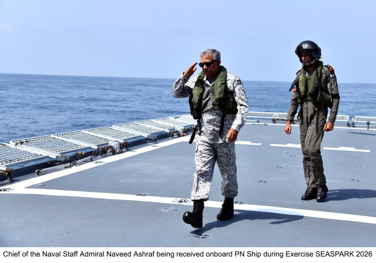 PakistanFauj's tweet photo. #ISPR Press Release 

Admiral Naveed Ashraf, NI, NI (M), T Bt, Chief of the Naval Staff (CNS), Pakistan Navy, visited units at sea and in the Creeks Area to review Exercise SEASPARK 2026

Underway since 1 September, the biennial exercise rehearses the full spectrum of maritime operations, testing operational preparedness and rapid transition from peacetime to wartime operations.

Reflecting the changing character of warfare, this year’s exercise integrates Operations in the Information Environment, Multi-Domain Operations and extensive use of unmanned systems.

The Naval Chief interacted with participating personnel and commended their professionalism, high morale, operational readiness and resolve to remain invincible at sea.