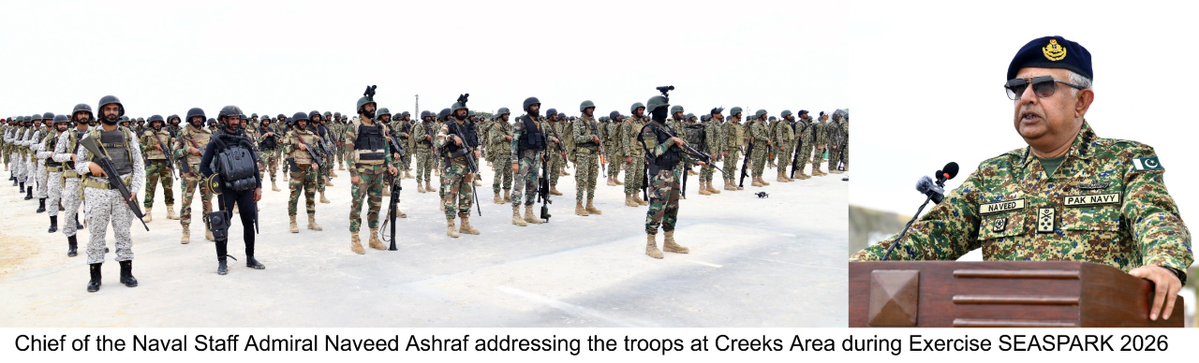 PakistanFauj's tweet photo. #ISPR Press Release 

Admiral Naveed Ashraf, NI, NI (M), T Bt, Chief of the Naval Staff (CNS), Pakistan Navy, visited units at sea and in the Creeks Area to review Exercise SEASPARK 2026

Underway since 1 September, the biennial exercise rehearses the full spectrum of maritime operations, testing operational preparedness and rapid transition from peacetime to wartime operations.

Reflecting the changing character of warfare, this year’s exercise integrates Operations in the Information Environment, Multi-Domain Operations and extensive use of unmanned systems.

The Naval Chief interacted with participating personnel and commended their professionalism, high morale, operational readiness and resolve to remain invincible at sea.