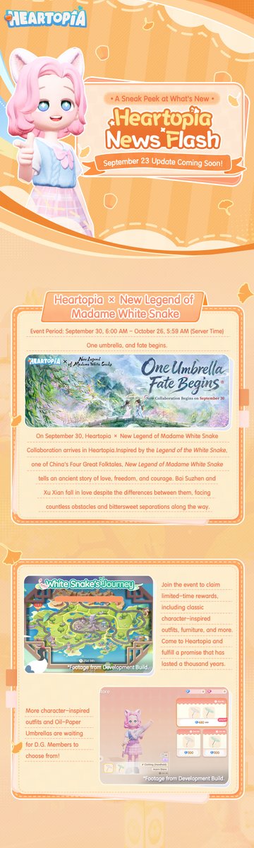 MyHeartopia's tweet photo. 📢 Heartopia News Flash | A Sneak Peek at the September 23 Update!

After the September 23 update (UTC-5), the following exciting events and new features will arrive in Heartopia!

☂️ Heartopia ✖ New Legend of Madame White Snake Collaboration! Step into the timeless legend of Madame White Snake.
🚂 Dress as a cat witch or owl messenger and board the "starlight" express for a magical adventure.
🏮 Craft sea lanterns, write your wishes, and enjoy a romantic Mid-Autumn Festival with friends.
🏡 More flexible building features are coming! Master your home-building skills and bring every idea to life!

Check out the images below for all the update details! 
#heartopia