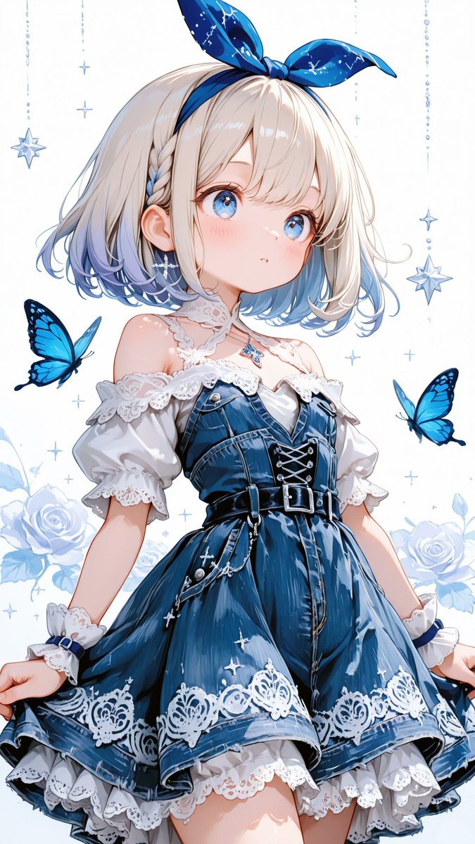 AliceLavli's tweet photo. デニムのドレスの衣装プロンプトをどうぞ✨
single-piece indigo denim high-low ruffle dress, entire fitted bodice, full-length sleeves, waistband, peplum and every blue skirt tier constructed from heavyweight matte cotton denim, clearly visible diagonal denim twill weave, authentic indigo yarn texture, medium-dark blue indigo dye, stonewashed fading, pale abrasion along raised seams, sturdy denim thickness, prominent golden-brown denim topstitching, reinforced panel seams, frayed raw denim edges, fitted off-the-shoulder bodice permanently sewn to a very wide circular skirt at the natural waist, wide double white cotton-lace neckline ruffle, pearl-studded denim neckline band with a centered silver heart ornament, large white cotton-lace butterfly applique centered on the denim chest, fitted denim sleeves with white ribbon lacing and white cotton-lace cuffs, symmetrical white crisscross ribbon details at both sides of the denim waist, sewn-in denim belt with one centered round silver buckle, white cotton eyelet-lace peplum placed over the waist seam, three complete graduated tiers of gathered heavyweight indigo denim forming a voluminous high-low skirt, short front hem and long cascading side and back panels, each denim tier displaying visible twill weave, faded seams, golden-brown topstitching and frayed edges, white matte tulle petticoat visible only beneath the denim skirt, indigo denim dominant across the entire dress, pure white lace limited to trims and appliques, silver hardware, Fair porcelain skin with cool pale undertone