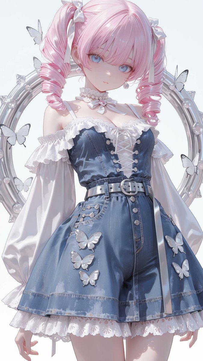 AliceLavli's tweet photo. デニムのドレスの衣装プロンプトをどうぞ✨
single-piece indigo denim high-low ruffle dress, entire fitted bodice, full-length sleeves, waistband, peplum and every blue skirt tier constructed from heavyweight matte cotton denim, clearly visible diagonal denim twill weave, authentic indigo yarn texture, medium-dark blue indigo dye, stonewashed fading, pale abrasion along raised seams, sturdy denim thickness, prominent golden-brown denim topstitching, reinforced panel seams, frayed raw denim edges, fitted off-the-shoulder bodice permanently sewn to a very wide circular skirt at the natural waist, wide double white cotton-lace neckline ruffle, pearl-studded denim neckline band with a centered silver heart ornament, large white cotton-lace butterfly applique centered on the denim chest, fitted denim sleeves with white ribbon lacing and white cotton-lace cuffs, symmetrical white crisscross ribbon details at both sides of the denim waist, sewn-in denim belt with one centered round silver buckle, white cotton eyelet-lace peplum placed over the waist seam, three complete graduated tiers of gathered heavyweight indigo denim forming a voluminous high-low skirt, short front hem and long cascading side and back panels, each denim tier displaying visible twill weave, faded seams, golden-brown topstitching and frayed edges, white matte tulle petticoat visible only beneath the denim skirt, indigo denim dominant across the entire dress, pure white lace limited to trims and appliques, silver hardware, Fair porcelain skin with cool pale undertone