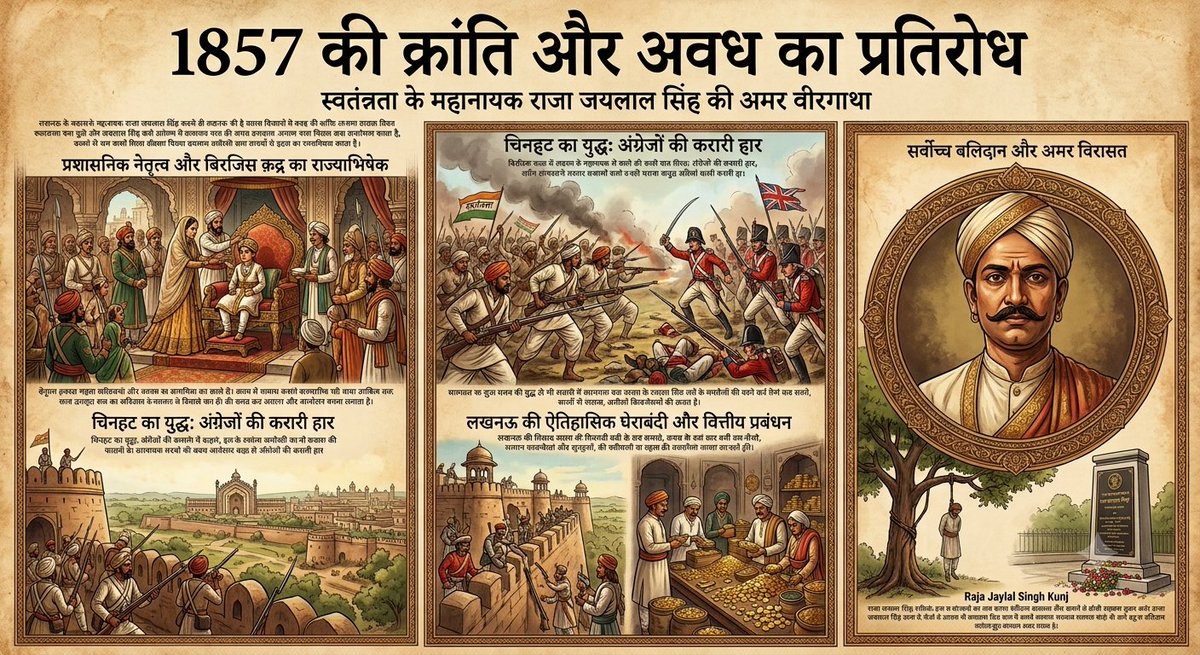 AwadhiyaVi23155's tweet photo. 1857 की क्रांति और अवध का प्रतिरोध
​1857 के प्रथम स्वतंत्रता संग्राम में अवध क्षेत्र ब्रिटिश हुकूमत के खिलाफ सबसे प्रमुख और उग्र केंद्र बनकर उभरा। नवाब वाजिद अली शाह को निर्वासित कर कलकत्ता भेजे जाने के बाद, जून 1857 के अंत में क्रांतिकारी सैनिकों ने लखनऊ में प्रवेश किया। उस समय शहर प्रशासनिक शून्यता और अराजकता के दौर से गुजर रहा था। ऐसे संकट में नवाब के शाही परिवार और विद्रोही सैनिकों के बीच तालमेल बिठाने के लिए एक प्रभावशाली व्यक्तित्व की आवश्यकता थी, और वह ऐतिहासिक भूमिका राजा जयलाल सिंह ने निभाई। 

​प्रशासनिक नेतृत्व और बिरजिस क़द्र का राज्याभिषेक
​राजा जयलाल सिंह ने बेगम हज़रत महल के साथ मिलकर नवाब के अल्पवयस्क पुत्र बिरजिस क़द्र को अवध की गद्दी पर आसीन कराया। उन्होंने विद्रोही सेनापतियों और राजदरबार के बीच ऐतिहासिक समझौते का प्रारूप तैयार किया और दोनों पक्षों में गहरा विश्वास स्थापित किया। इतिहासकार रुद्रांशु मुखर्जी के अनुसार, उस समय क्रांति के संचालन के लिए दो प्रमुख समितियाँ—सैन्य और असैन्य—बनाई गई थीं, और राजा जयलाल सिंह अकेले ऐसे नेता थे जो इन दोनों समितियों के प्रमुख सदस्य थे। 

चिनहट का युद्ध: अंग्रेजों की करारी हार
​30 जून 1857 को लखनऊ के निकट चिनहट में लड़ा गया युद्ध अवध के प्रतिरोध का निर्णायक मोड़ साबित हुआ। ब्रिटिश रेजिडेंट हेनरी लॉरेंस ने क्रांतिकारी सेना को रोकने के लिए अपनी सुसज्जित टुकड़ी के साथ हमला किया। राजा जयलाल सिंह के रणनीतिक नेतृत्व और क्रांतिकारी सैनिकों के अदम्य साहस के आगे ब्रिटिश सेना टिक नहीं सकी। क्रांतिकारियों ने अंग्रेजों को बुरी तरह परास्त किया, जिसके बाद हेनरी लॉरेंस और बचे हुए अंग्रेज सैनिकों को भागकर लखनऊ रेजीडेंसी में शरण लेने के लिए विवश होना पड़ा। 

​लखनऊ की ऐतिहासिक घेराबंदी और वित्तीय प्रबंधन
​जब खजाने की कमी होने लगी, तब राजा जयलाल सिंह ने गुप्तचरों के माध्यम से पूर्व नवाबों के छिपे धन की खोज करवाई और लगभग ₹13 करोड़ के संसाधन व रसद जुटाए। इसी वित्तीय और सामरिक सूझबूझ के दम पर 8,000 से अधिक सैनिकों को वेतन मिला और ब्रिटिश रेजीडेंसी की लगभग पाँच महीने लंबी घेराबंदी संभव हो सकी। वे तालकटोरा और कर्बला में अपने मोर्चे पर लगातार 24 घंटे डटे रहकर युद्ध का संचालन करते थे। 

​सर्वोच्च बलिदान और अमर विरासत
​ब्रिटिश सेना द्वारा लखनऊ पर पुनः नियंत्रण के बाद राजा जयलाल सिंह अनेक क्रांति के द्वीप को प्रज्वलित रखा और ब्रिटिशर्स का विरोध करते रहे, कुछ गद्दारों ने उनके साथ विश्वासघात किया, जिसके बाद उन्हें बंदी बना लिया गया। 1 अक्टूबर 1859 को अंग्रेजों ने उन्हें फाँसी दे दी। लखनऊ में के.डी. सिंह बाबू स्टेडियम के निकट स्थित ‘राजा जयलाल सिंह कुंज’ उनकी अद्वितीय वीरता, संगठन कौशल और देशप्रेम की अमर गवाही देता है।  

#history 
#india1857
#firstwarofindependence
#Rajajailalsingh
#greatmilitarycommander
#Awadh
#Kurmi