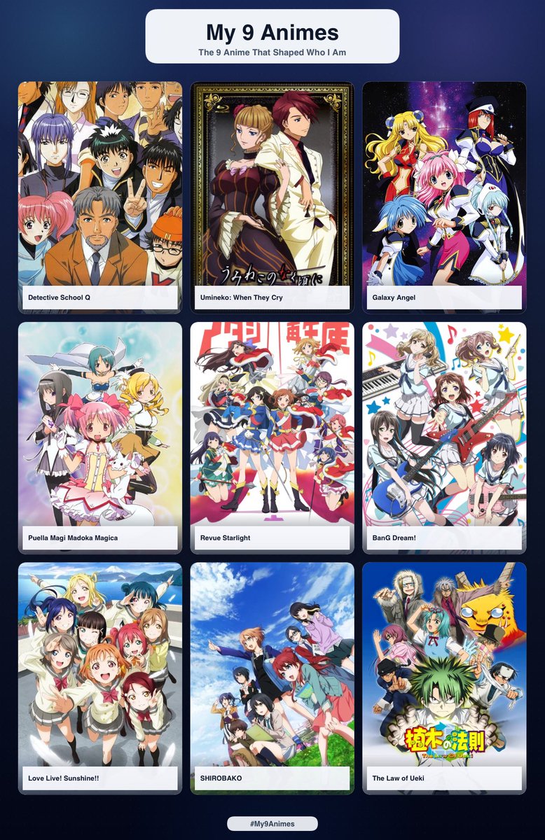 pavoliareine's tweet photo. My 9 anime!! It was so hard to pick just 9, but I picked shows where I had to be involved in stuff that extends to beyond just watching the show (for example creating, enjoying fandom, being *visibly* into it for a long time). https://t.co/1Iuqln0VvC