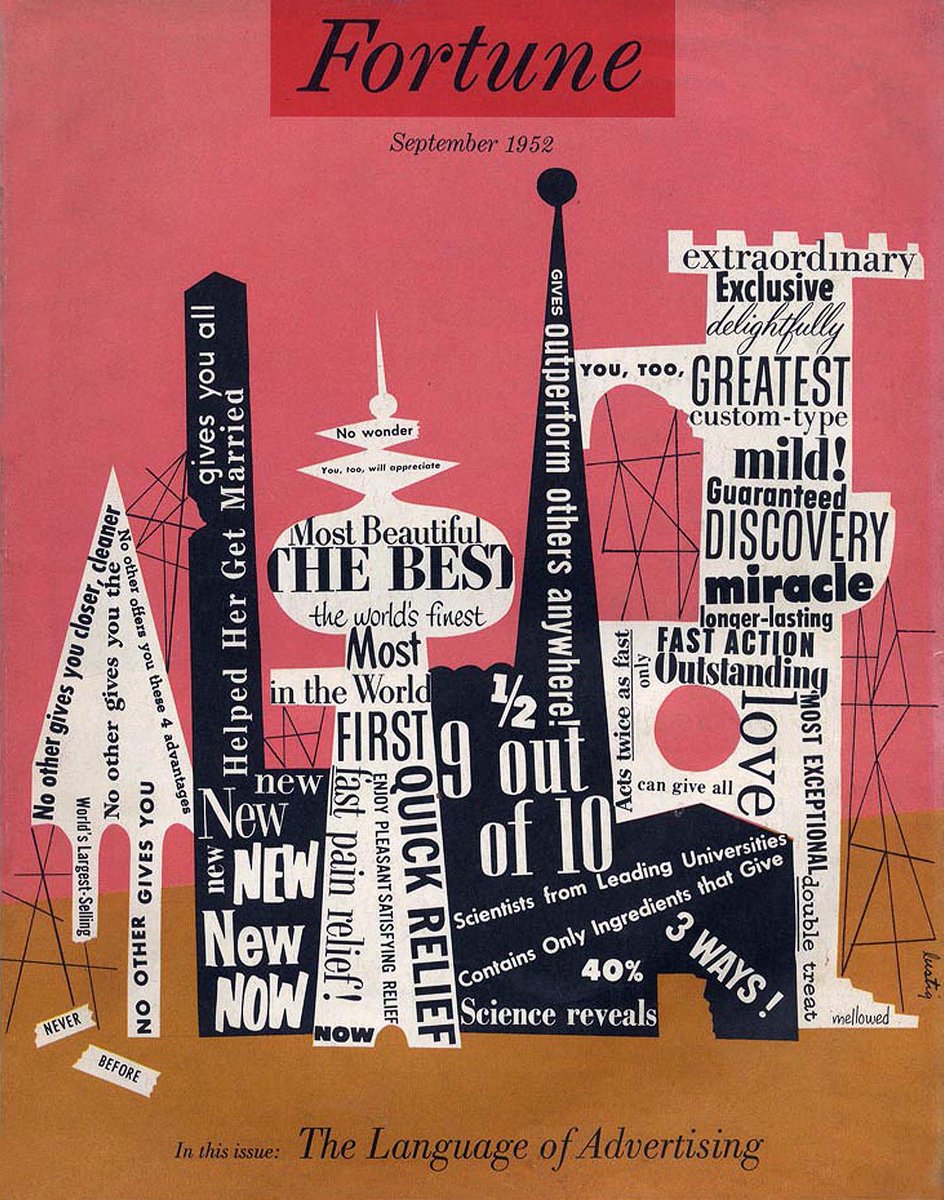 LRonLacy's tweet photo. #Fortune for #SEPTEMBER 1952
‘In this issue: The Language of Advertising’
#Illustration by Alvin Lustig (1915-1955 👉ALT)
Cover of *Fortune*, September 1952
#FortuneCover #illustrationart #illustrationartists #AlvinLustig #graphicdesign #language #advertising https://t.co/Tn5ZDh4ikA