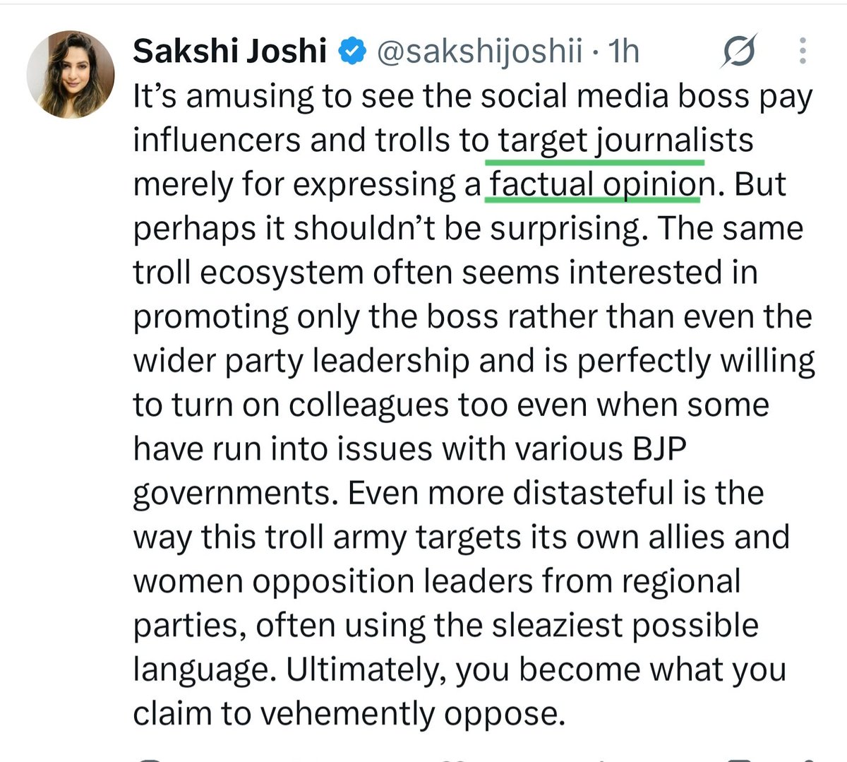 cutting_cutting's tweet photo. @sakshijoshii @INCIndia This goes on to prove that you aren't expressing your "factual opinion" but engagement farming ...

I don't know what is "factual opinion"?
It's a oxymoron. https://t.co/ZKTtKDw6KQ