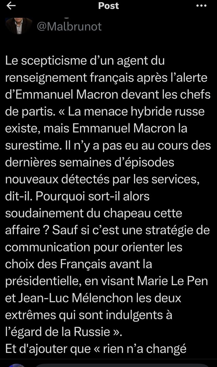 PhilippeMurer's tweet photo. Deux journalistes mainstream annoncent que selon leurs sources à la DGSI, il n’y a eu aucune ingérence ou attaques russes depuis plusieurs semaines.
✅La mise sous tension par Macron n’est qu’un moyen d’éviter le bilan et les débats, de manipuler les élections.
Gravissime https://t.co/m5YUwtnZXD