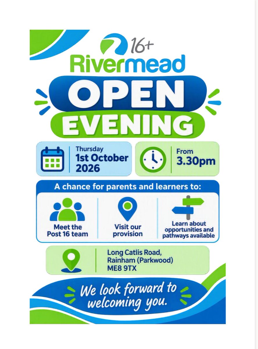 RivermeadEPR's tweet photo. 📢 Join us on 1 October to explore our Post-16 provision for young people with SEND (16-19). We help learners develop Maths, English, life skills and employability skills, building confidence for their future. #SEND #Post16 @RivermeadTrust @RivermeadSchool https://t.co/dHux9xJeU2