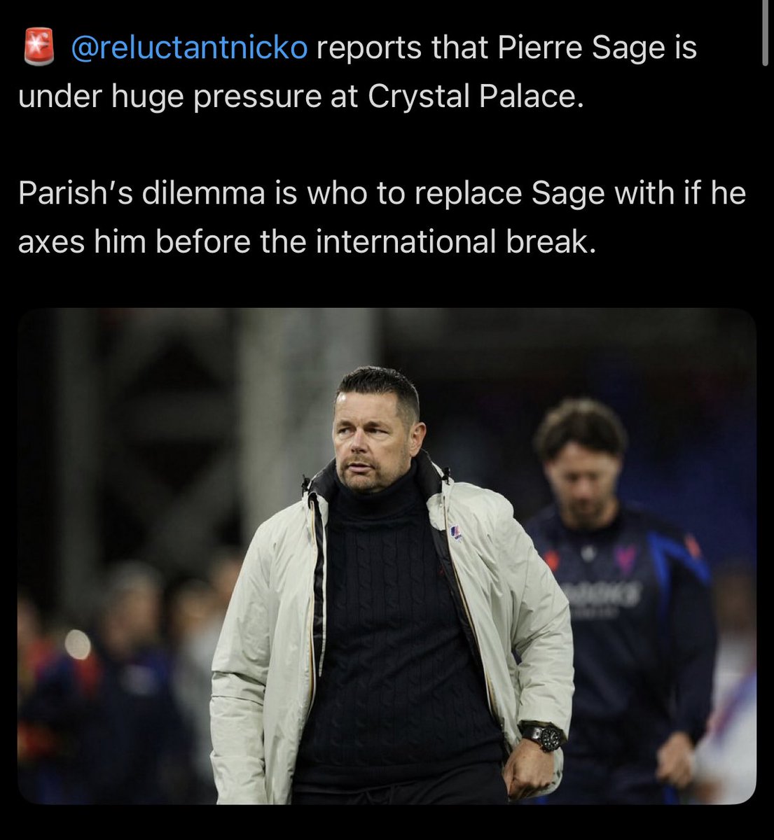 KenCPFC's tweet photo. Manzi reposting his report on Parish not liking Sage’s decision making and now this. 

Something is happening, I’m just not sure why. 

#CPFC https://t.co/Edn3jFevjl