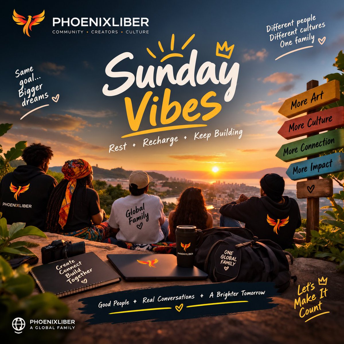 Essential682's tweet photo. Sunday vibes hit different with the PhoenixLiber family

Rest. Recharge. Connect. Create.
Different people, different cultures, ONE global family.

New week loading… but the vision never sleeps. 
Let’s enjoy today, then come back ready to build! @PhoenixLiberOrg https://t.co/GDCFoOAXHg