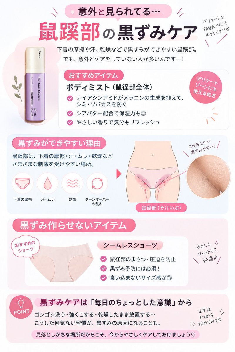 makico54833's tweet photo. 鼠径部の黒ずみ、
顔や脇より���回しにしてない？🥹
実はここも、
摩擦・乾燥・刺激などで色素沈着が気になりやすい場所。
私も「ここまでケアするの？」と思ったけど、
美容好きなら一度知っておいてほしい。
↓
保存用にケアの考え方まとめました https://t.co/jCmH0HrBJI
