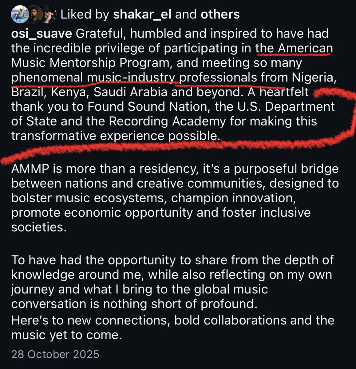 Big_Mck's tweet photo. Osi abeg nau. lol.

You even said it yourself in your IG post (in 2024), where you thanked the U.S State Department and The Recoding Academy for ‘making it possible’ via the American Music Mentorship Program which you was a cohort. 

1.) Please can you explain why the U.S. state department is funding this mentorship that you have gone to receive, and what they hope to achieve by mentoring you? 

2.) Can the United States Government allow Nigeria to set up a mentorship program for American music industry professionals?