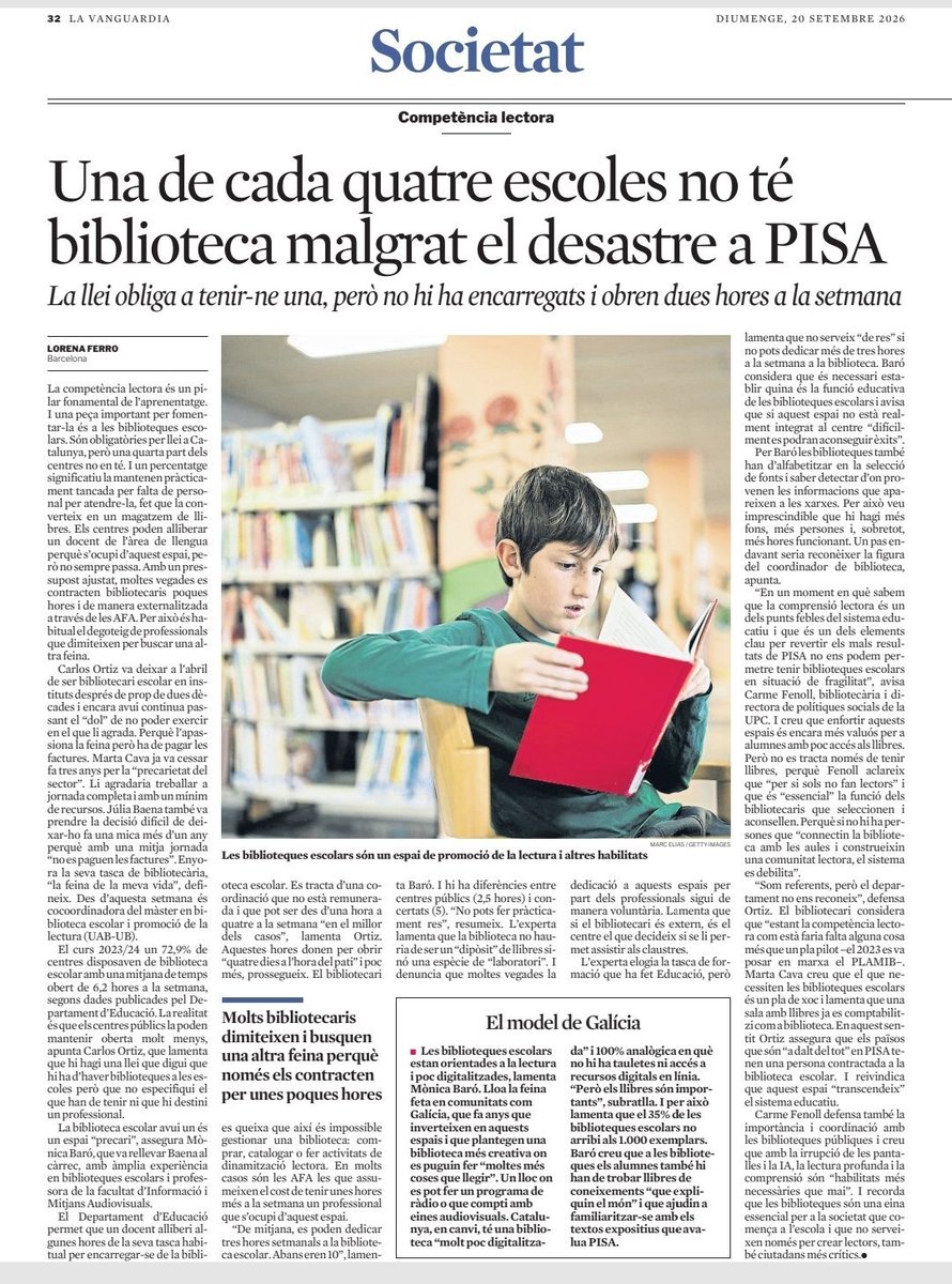 martacava's tweet photo. Avui a La Vanguardia podeu llegir el testimoni de tres persones que vam estar treballant en biblioteques escolars i vam deixar la feina a contracor. Si hem arribat fins on hem arribat en temes de comprensió lectora és, precisament, perquè ningú va voler fer-se càrrec del tema. https://t.co/WNVNGQIcqk