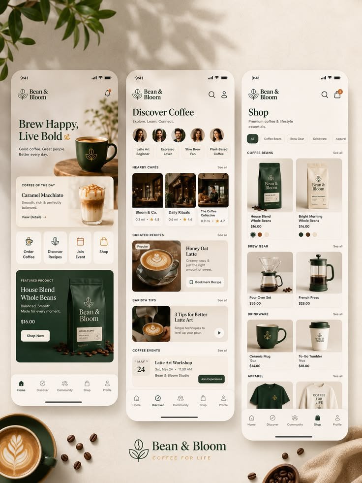uiuxjosh's tweet photo. Brand feel is excellent. Soft cream backgrounds, muted greens, high-quality product photography, and the leaf-and-bean logo create a calm, premium “coffee lifestyle” aesthetic rather than a pure transactional coffee-shop app. It feels like something between a specialty roaster♦️ https://t.co/32klWEYco3