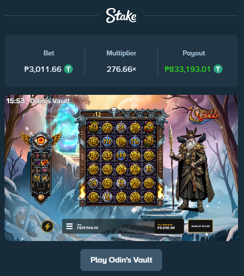 stakexharry's tweet photo. My biggest win on Odin’s Vault so far 🤯

Base bet of ₱40 and hit a x20,800 multiplier ₱833,193 payout!

And they said the max multiplier is x500,000?! 👀 https://t.co/4drUnESlrN