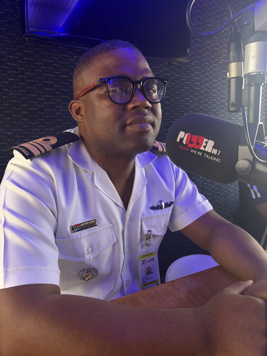 Powerfm987's tweet photo. ON AIR: The Africa Aerospace and Defence (AAD) Exhibition 2026.

@sellohatang is in conversation with LT-Commander Sipho Mbasana - SA Navy

#POWERWeek 
#AAD2026
@SANDF_ZA https://t.co/v1lMsNhq8U
