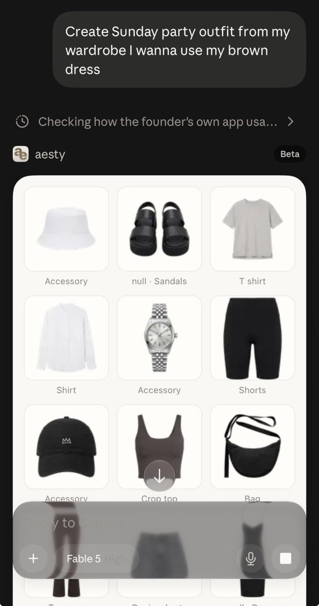 nestymee's tweet photo. your wardrobe is now available in claude

connect https://t.co/CiI5nqkbm0 and make outfits straight from the chat - get looks from your own closet, try them on virtually https://t.co/KamuarBFwy