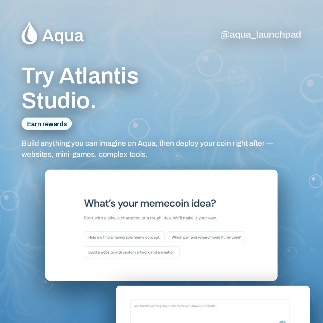 Aqua_Launchpad's tweet photo. Have you tried Atlantis Studio yet? 🏛️🌊

If you’re launching a token on Aqua, you can now go beyond the launch itself and start building the experience around your token - websites, mini-games, tools, meme generators, and more.

And we want to reward the people actually building.

Later today, we’ll be announcing a new Atlantis Studio Reward Fund dedicated to creators who build and launch projects using Atlantis Studio.

So if you’ve got an idea, now is the time to start.

Launch on Aqua and @orca_so.  Build with Atlantis Studio. Get rewarded for creating.
More details on the reward fund later today. 🌊