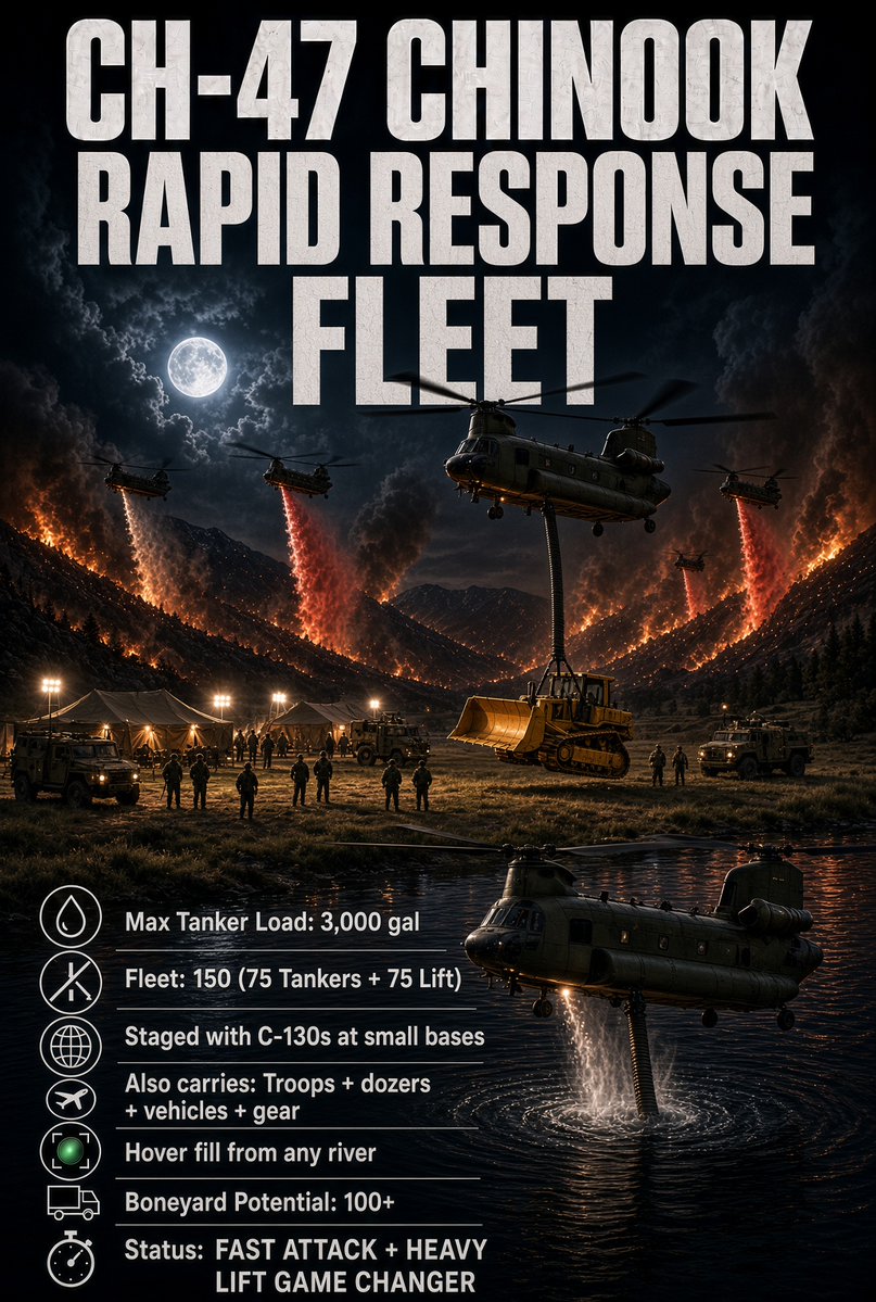 smartwildfires's tweet photo. 🔥📷75 chopper tankers + 75 heavy-lift for troops, dozers & supply in terrain no plane can reach  

One coordinated tanker drop = 225,000 gallons

Plus instant insertion of crews and heavy equipment where the fire is actually moving  

Convert surplus airframes: under $1.5B

Yearly cost: a fraction of one megafire  

Night capable. No runway needed. 

Fast attack + heavy lift in one fleet.

Cheap vs. the billions we lose every season  
#landguard
#wildfire
#USLG