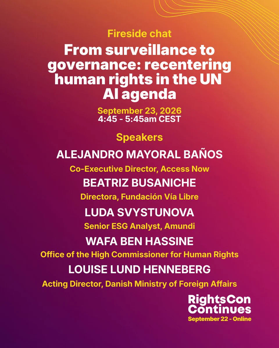 Fireside chat: From Surveillance to Governance: Recentering Human Rights in the UN AI Agenda. September 23, 2026 at 4:45 am CET.