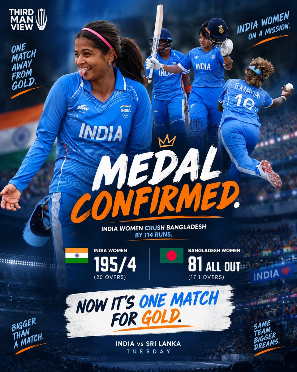 3rdManView's tweet photo. MEDAL CONFIRMED. ๐ฎ๐ณ๐
India Women crush Bangladesh by 114 runs.
๐ฎ๐ณ 195/4
๐ง๐ฉ 81 all out
And now it's down to one match for GOLD. ๐ฅ
India face Sri Lanka on Tuesday.
One win away from the top step.
#AsianGames2026 #INDWvBANW #3rdManView https://t.co/5Bl96XP9Zo