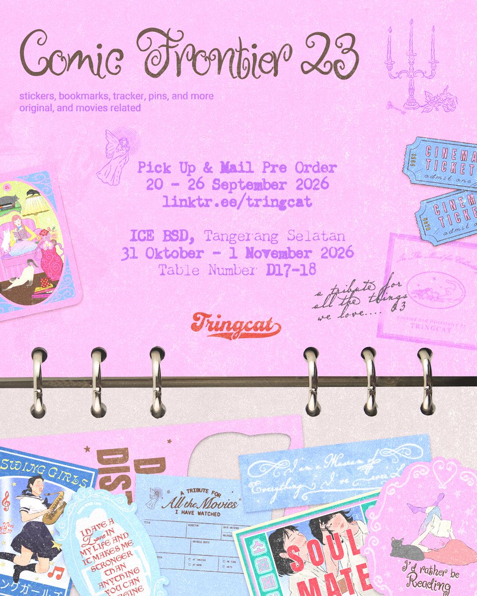 tringcat's tweet photo. [♡ &amp; ↻ are appreciated!]

tringcat #cf23 catalog

🪽 pick up both days
🪽 mail pre order
📅 20 - 26 sep
🌀 table d 17-18
🌐 link below

💬 sticker, bookmark, memo
🤍 original, movies (swing girls, kokuho, linda linda linda, possession, in the mood for love, etc), fleabag https://t.co/XHZCNDapfU
