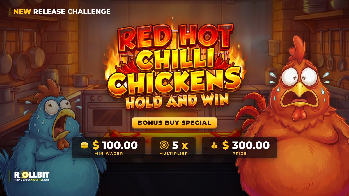 rollbit's tweet photo. A hot new release needs a hot new challenge. 🥵

Win a $300 prize by being the first to hit 5x on Red Hot Chilli Chickens Hold and Win (Bonus Buy Special)! 🐔 https://t.co/YMSKjqRkVc