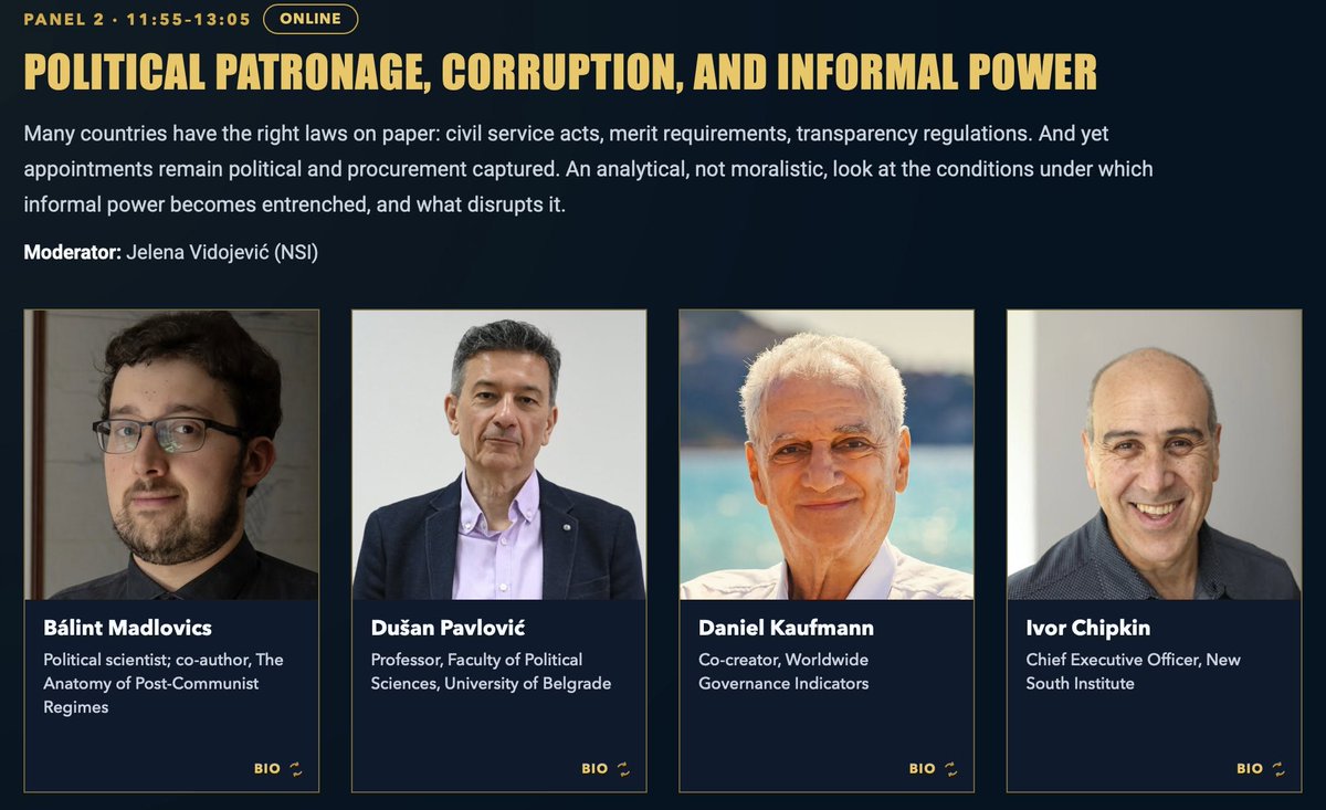 d_pavlovic's tweet photo. On Tuesday at 11:55 at @the_nsi, I’ll have the privilege of discussing some important matters at the INTERNATIONAL CONGRESS ON CIVIL SERVICE REFORM AND DEMOCRACY with Daniel Kaufmann, Bálint Madlovics, and Ivor Chipkin.

Join us online — registration link in the comment below. https://t.co/RkTtLyWfgI