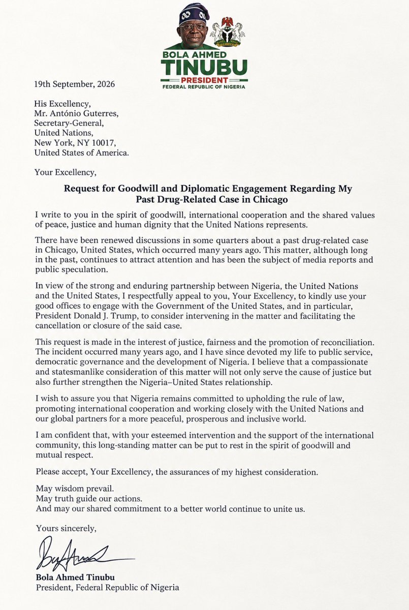 EhisBukason's tweet photo. Imagine President Tinubu writing the UN Secretary-General asking him to speak to President Trump about putting the old Chicago matter to rest.

“Your Excellency, please use your good offices…” 😭 https://t.co/O9N3YJG40j