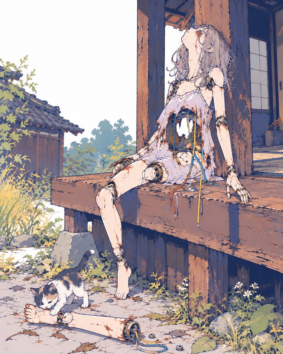 itukiti_i's tweet photo. 介護・生活支援のアンドロイドが持ち主の逝去後に放棄されることは珍しくない。腹部の穴は高値で売れるパーツを盗み取られた痕であり、アンドロイドも他の生き物と同様に腹から朽ちていくのだ。#アンドロイド九相図 https://t.co/u0rBfZcuWp