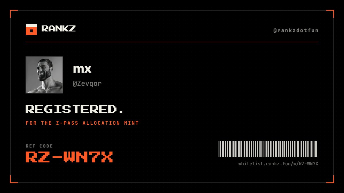 Zevqor's tweet photo. Registered for the free Z-Pass mint at @rankzdotfun.

My code: RZ-WN7X
Use my link and we both get a ticket: https://t.co/EhPcHyVEKF https://t.co/A7ul5VG7YL