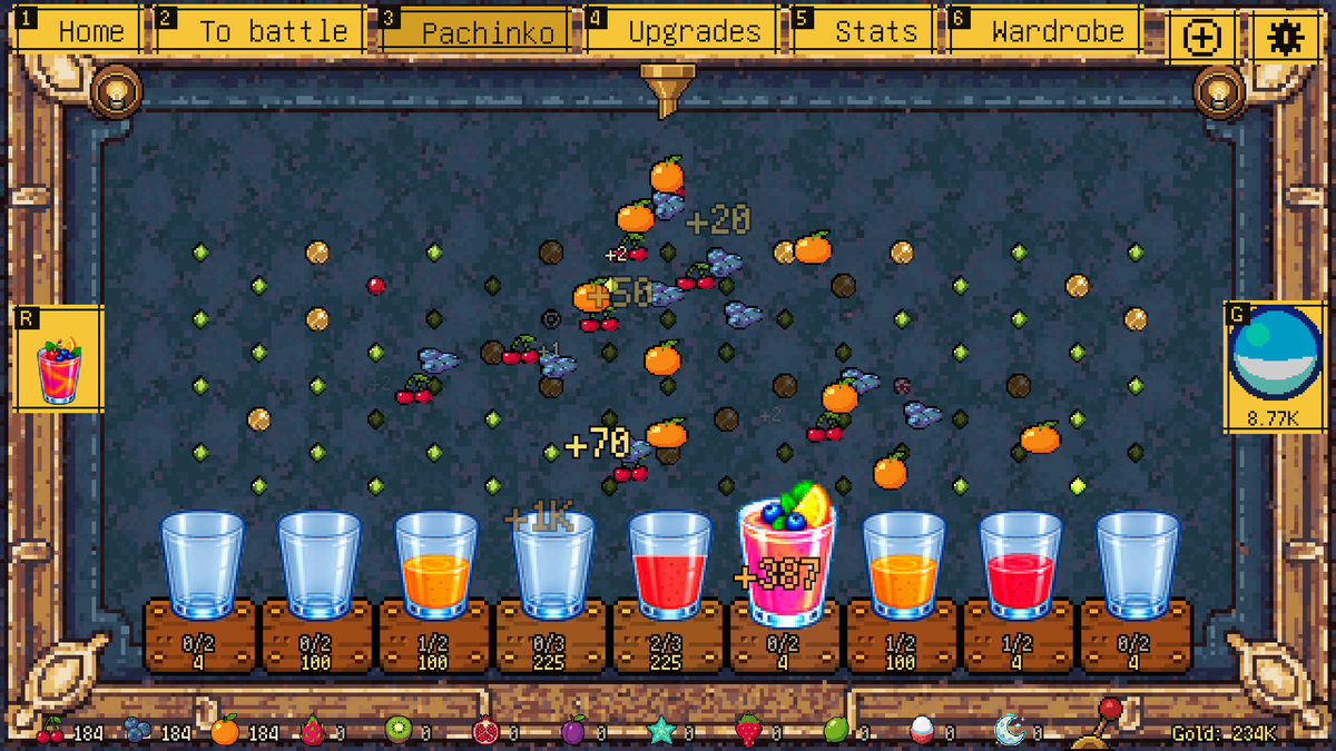 catana_games's tweet photo. @Round_Knights_2 Strange mechanic, then: the dungeon in my game pays zero gold. You bring fruit monsters back up and the pachinko machine pays instead — nine cups, a full cup becomes a smoothie, the smoothie becomes gold. https://t.co/XORfWY1Khq
