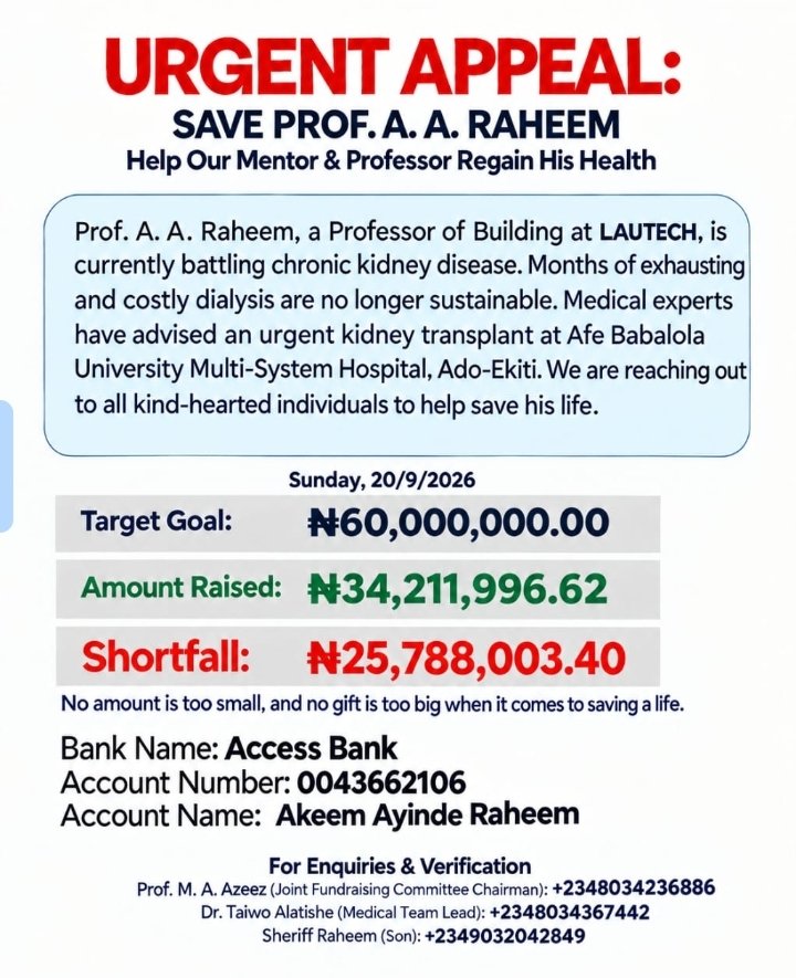 Precious_ait's tweet photo. ##UPDATE 5.0 — SAVE PROF. A. A. RAHEEM

We sincerely appreciate the **overwhelming support received since Update 4.0**. Thank you for every flyer shared, every call made, and every donation — **no matter how small.** May God almighty reward you abundantly. 🤲 https://t.co/ko0GBYtqlv