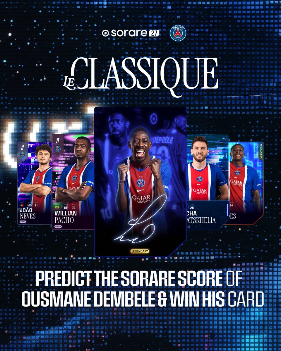 Sorare's tweet photo. LE CLASSIQUE GIVEAWAY 🇫🇷

Win a SIGNED Ousmane Dembélé HyperGlitch Card! ✍️

The Ballon d’Or holder is back tonight at the Stade Vélodrome. Last season, he missed this fixture after it was postponed to the night of his Ballon d’Or triumph...

Revenge tonight? 👀

Predict Dembélé’s exact Sorare score to win his signed HyperGlitch Card with a 35% scoring bonus!

To enter:

🔁 RT + ❤️
➕ Follow @Sorare
⚽ Reply with Dembélé’s score + your Sorare username

If multiple people guess correctly, we’ll randomly pick 1 winner on Monday.

And... if Dembélé scores 💯, we’ll give away FIVE cards 🔥
