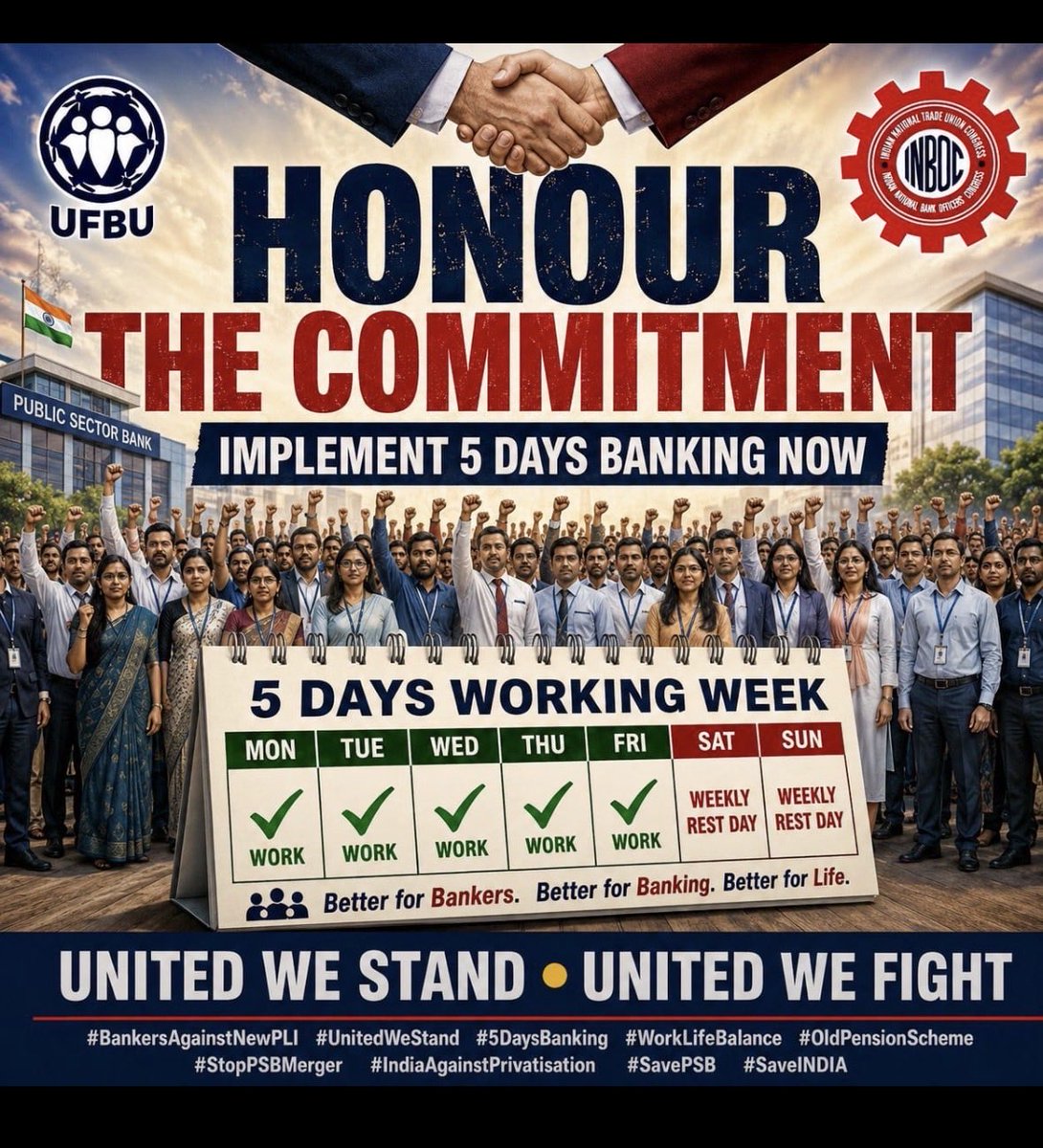 CommanBankerBOI's tweet photo. HONOUR THE COMMITMENT - IMPLEMENT 5 DAYS BANKING NOW!
We bankers work MON to FRI with full dedication. We also deserve SAT & SUN as WEEKLY REST DAYS like other sectors.
5 Days Banking is not a demand, it's a committed promise.
Better for Bankers, Better for Banking, Better for Life.
#5daysbankingnow #5daysBankingandFairPLI