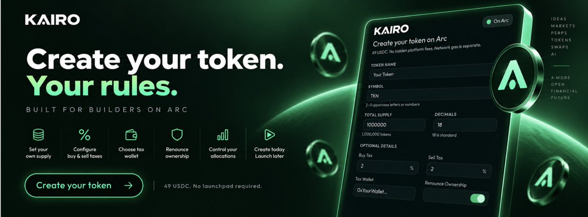 kairo_market's tweet photo. Something became very clear in the first 24 hours. 👀

Several tokens have already been created through KAIRO. And it confirms something we strongly believe:

Not every team wants a launchpad.

Some founders want to build first.
Control their own allocations.
Decide exactly how supply is distributed.
Choose when and how they go to market.

KAIRO gives them that choice:

⚡ Create directly on Arc
⚡ Define your own supply
⚡ Configure buy & sell taxes
⚡ Choose the wallet receiving those taxes
⚡ Renounce ownership when you decide
⚡ Keep control of your token allocation
⚡ Create today. Launch when YOU are ready.

49 USDC. No launchpad required.

And when you're ready for a market, KAIRO can discover tokens with supported on-chain liquidity.

Prediction markets. Perps. Tokens. Swaps. AI.

KAIRO is becoming infrastructure for builders and traders, not a gatekeeper.

Create yours → https://t.co/vP1Jfbjn76

@circle @arc @USDC
