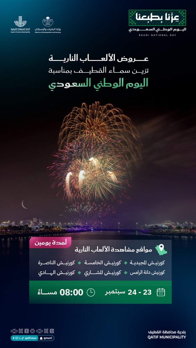 qatif_mun's tweet photo. للوطن فرحة.. تضيء سماء القطيف 🇸🇦
على مدى يومين، كونوا على الموعد مع عروض الألعاب النارية ضمن احتفالات #بلدية_القطيف بـ #اليوم_الوطني_السعودي.

🗓️ 23–24 سبتمبر
🕗 8:00 مساءً

#وزارة_البلديات_والإسكان
#أمانة_المنطقة_الشرقية https://t.co/rr32iDlf1K