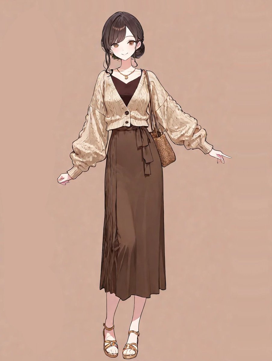 huku_ken_ai's tweet photo. シュッとしている straight の long skirt がいいですね。広がりのあるスカートよりも大人っぽくなる感じがします。

服装部分のプロンプト
puff-sleeve knit cardigan, dark brown blouse, square neck, long skirt, straight skirt, woven bag, gold necklace, T-strap sandals

#AIイラスト https://t.co/rPRtg1Bef7