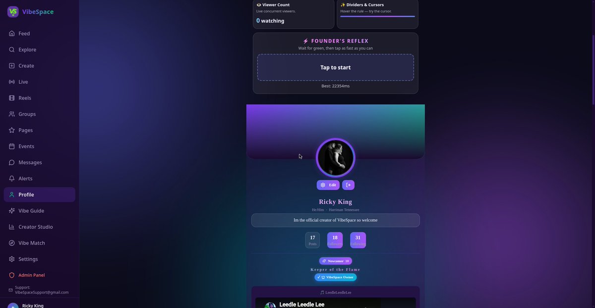RickyKing139523's tweet photo. People are putting playable games INSIDE their VibeSpace profiles. Your profile is a website. Act like it. 🕹️ Try it: https://t.co/NpJxH1xfyI 💜 Help keep it building: https://t.co/rie7sL7ujO #VibeSpace #indiedev https://t.co/8t8t1DU6Kz