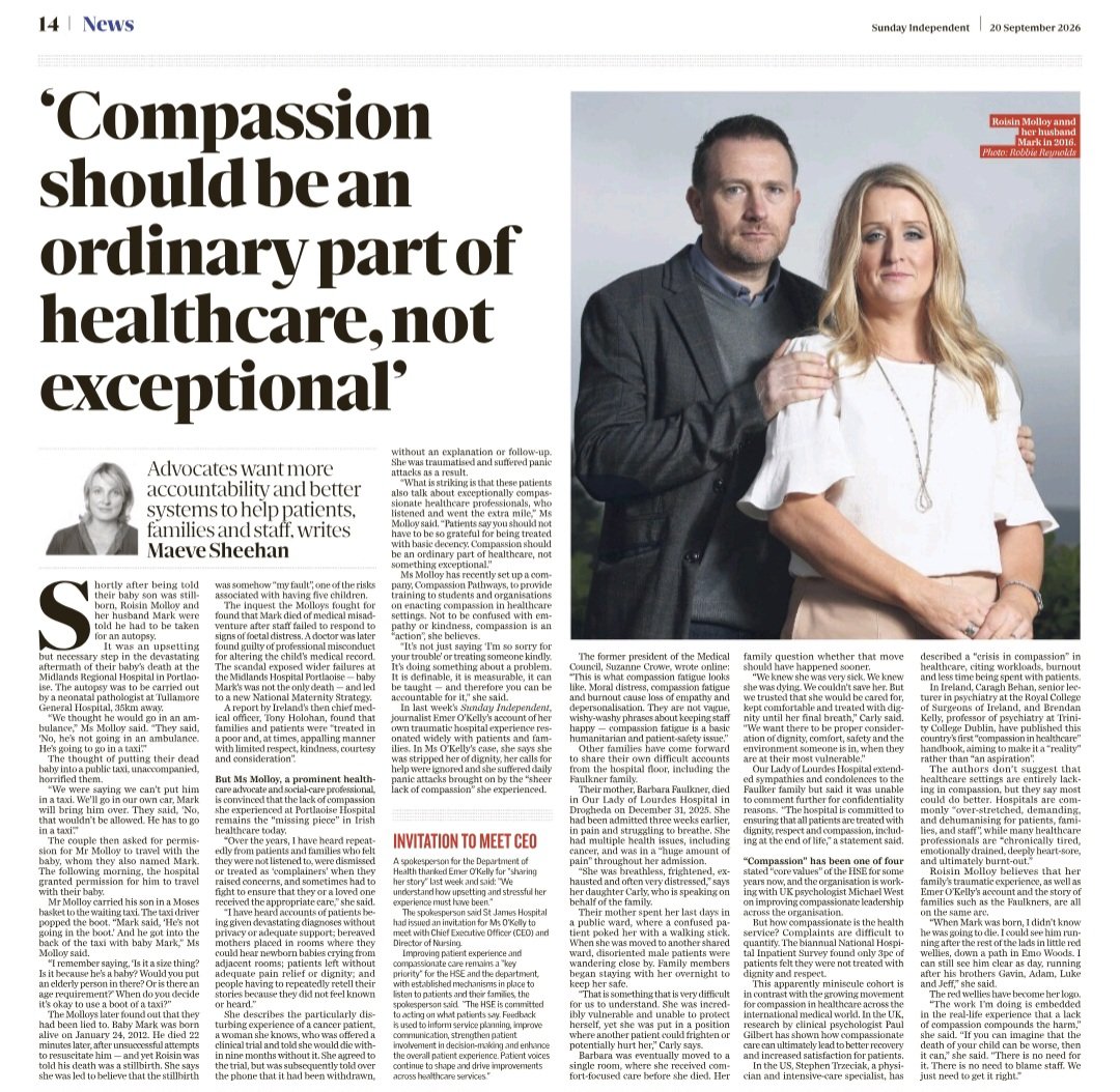 CareChampions2's tweet photo. Roisin and Mark Molloy were devastated after the death of their baby, Mark, at Midlands Regional Hospital in Portlaoise, but their grief was compounded when staff insisted the deceased infant be transported to another hospital for an autopsy in a public taxi rather than an ambulance. After fighting for permission to accompany his son, Mark Sr. carried baby Mark in a Moses basket to the vehicle, where he had to refuse the driver's attempt to place the baby in the boot. The couple later learned hospital staff had lied to them; baby Mark was not stillborn as claimed, but had been born alive and died 22 minutes later following a failure to respond to signs of foetal distress. Following an inquest that ruled the death a medical misadventure and exposed wider systemic failures across the health service, Roisin turned her tragedy into advocacy, founding Compassion Pathways to campaign for active, measurable, and accountable compassion in healthcare settings. Her fight highlights that basic human decency is a fundamental patient-safety requirement, ensuring no other family endures unnecessary cruelty during their most vulnerable moments.

#RoisinMolloy #MarkMolloy #BabyMark #Portlaoise #CompassionateCare #HSE