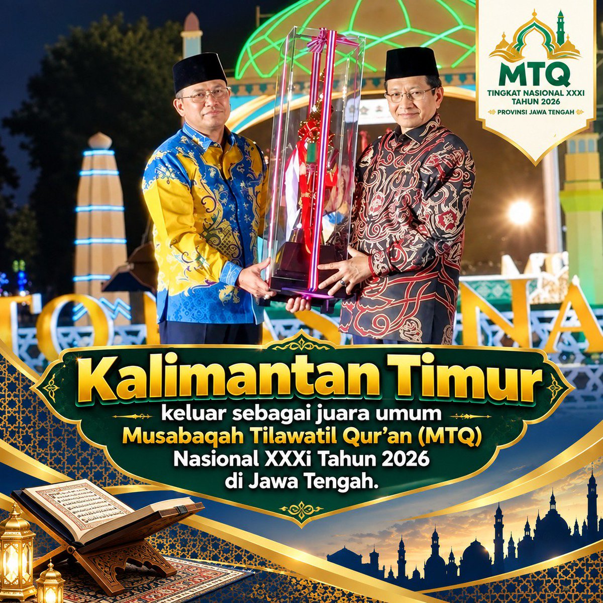 silver57875's tweet photo. Sampai jumpa di panggung syiar berikutnya! Penutupan MTQ Nasional XXXI 2026 di Jawa Tengah sukses menumbuhkan cinta pada Al-Qur'an. #SuksesMTQ2026 #JatengGayeng #CintaAlquran https://t.co/cIRX6MCkLu