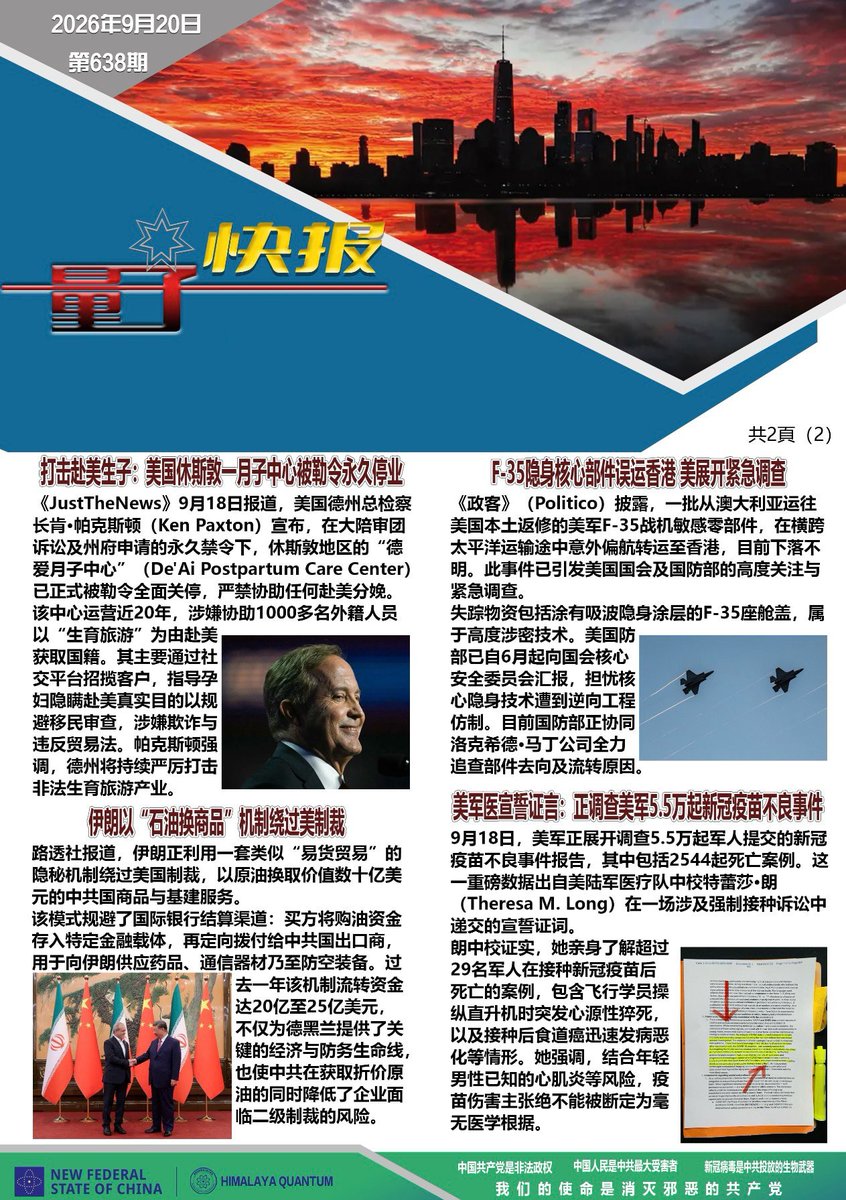 NFSCQuantumNews's tweet photo. ✈️《量子快报》第638期 09/20/2026
🇺🇸1. 特朗普将组建AI部队、任命AI沙皇（头条）
🎇2. 打击赴美生子：美国休斯敦一月子中心被勒令永久停业
🇮🇷3. 伊朗以“石油换商品”机制绕过美制裁
🛩️  4.F-35隐身核心部件误运香港 美展开紧急调查
🗽5. 美军医宣誓证言：正调查美军5.5万起新冠疫苗不良事件 https://t.co/XTTFewHqaH