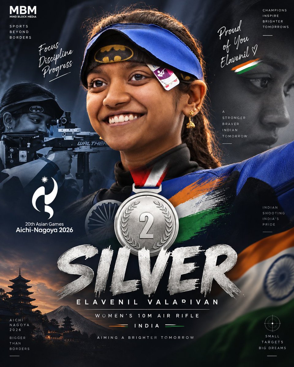 CineNationindia's tweet photo. 🥈 SILVER FOR ELAVENIL VALARIVAN! 🇮🇳🎯
Elavenil wins Silver in the Women’s 10m Air Rifle at the Aichi-Nagoya 2026 Asian Games. A brilliant achievement! 👏🔥
#ElavenilValarivan #AsianGames2026 #AichiNagoya2026 #TeamIndia #Shooting #Silver https://t.co/kmTy2J2AbE