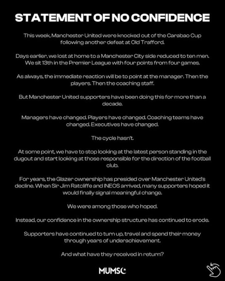 SimplyUtd's tweet photo. 🚨 Statement Of No Confidence!

Muslim Manchester United [@mum_sc] 👏 https://t.co/UBjhAawXmX