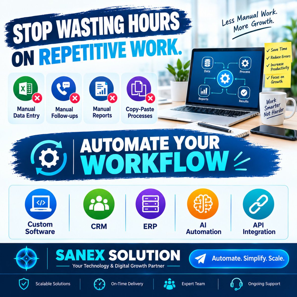 sanexsolution's tweet photo. Still doing repetitive tasks manually?
Automate data entry, follow-ups, reports & workflows with Custom Software, CRM, ERP & AI Automation.
Let your team focus on growth—not repetitive work.
#Automation #CRM #ERP #CustomSoftware #SanexSolution https://t.co/fPvcGWo5Al