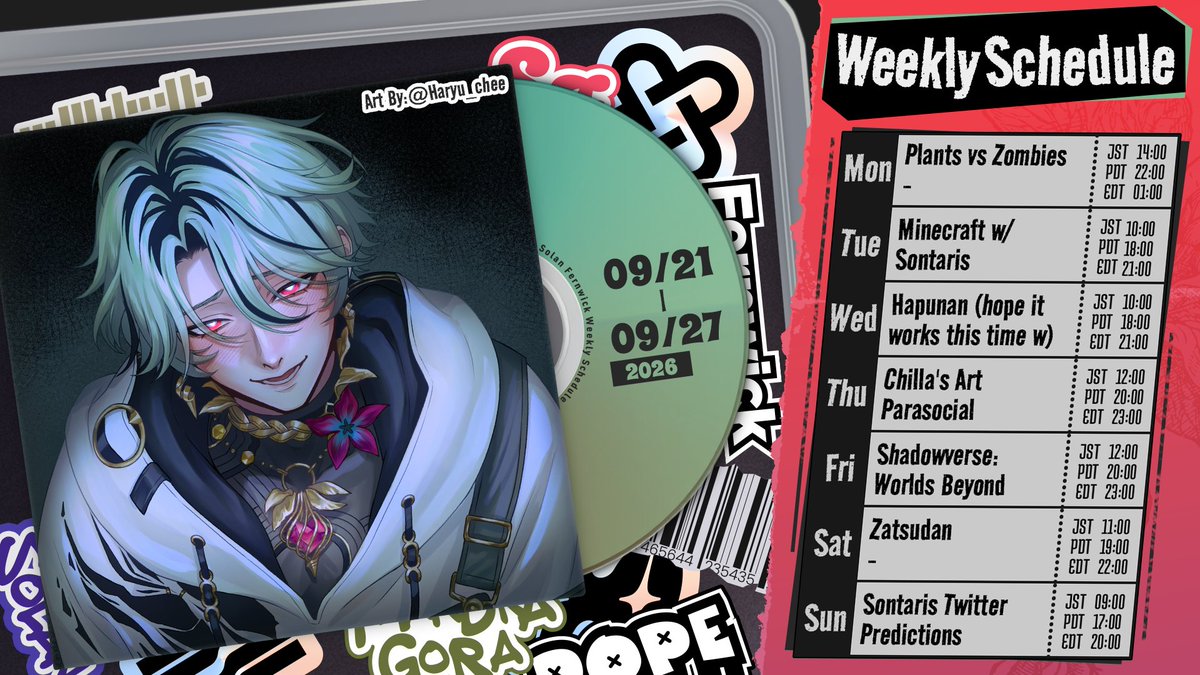 SolanFernwick's tweet photo. 【Weekly Schedule】

September 21 - September 27 🫚🥀

🎨@/Haryu_chee https://t.co/LFBSdGkmEr