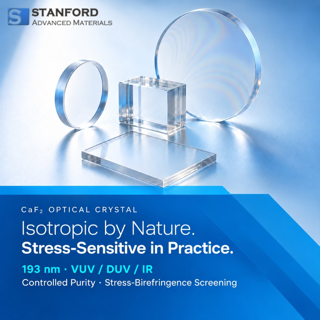 SAMaterials's tweet photo. CaF2 offers 130 nm–8 µm transmission, but DUV yield relies on low stress birefringence and excimer-grade purity to resist 193 nm damage. https://t.co/Q8FOC9TfpW