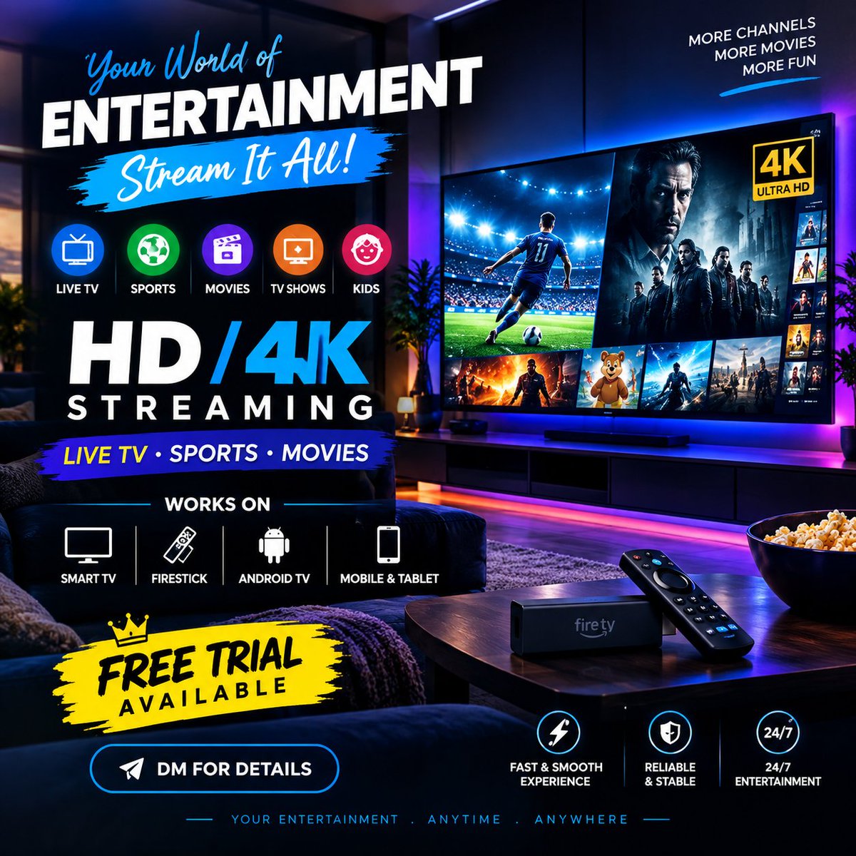 Garofalo12's tweet photo. 🔥 Your Entertainment. Your Way.
📺 Live TV • ⚽ Sports • 🎬 Movies &amp; Shows
✨ HD / 4K Streaming
🔥 Works on Firestick, Smart TV, Android TV &amp; more
🚀 Fast &amp; Smooth Entertainment
🎁 FREE TRIAL AVAILABLE
📩 DM now for details!
https://t.co/h8AWkvKVtG https://t.co/ourb8q4ev3