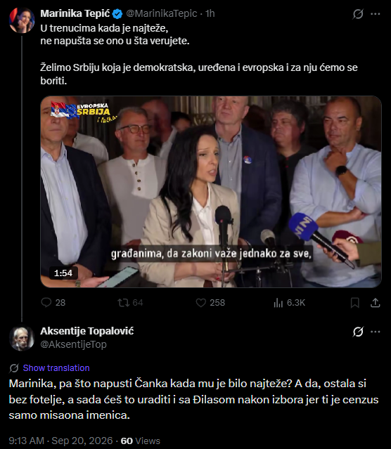 AksentijeTop's tweet photo. Alo, @MarinikaTepic kako misliš da dobiješ poverenje naroda kada na svaku opasku koja ti se ne sviđa, a znaš da je istina, ti udaraš po bloku? Zašto si nedelju dana prikupljala potpise podrške za listu sa lažnim generalom @ZdravkoPonos ? https://t.co/8TJJOIQjZr